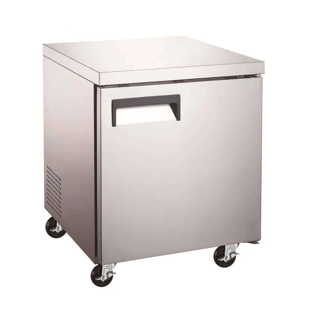 UUC27F One Solid Door Under Counter Freezer 27 inch with stainless steel finish and rolling wheels for easy mobility.
